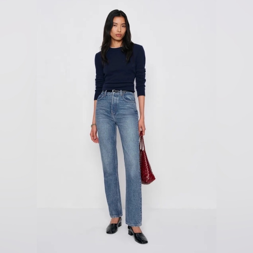 Reformation Women's Straight Leg Jeans in Blue with Navy Top